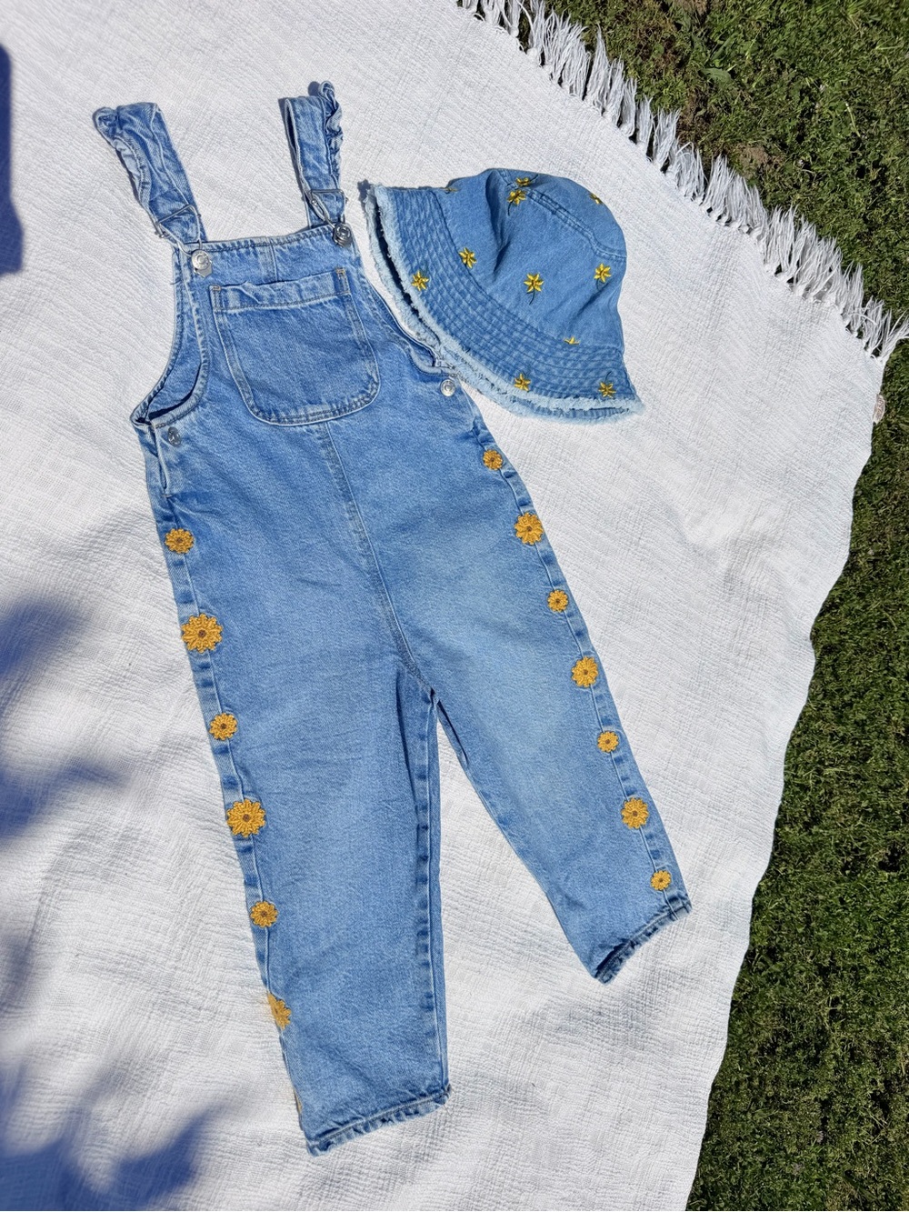 Zara Light Blue Denim Overalls with Yellow Daisy Trim